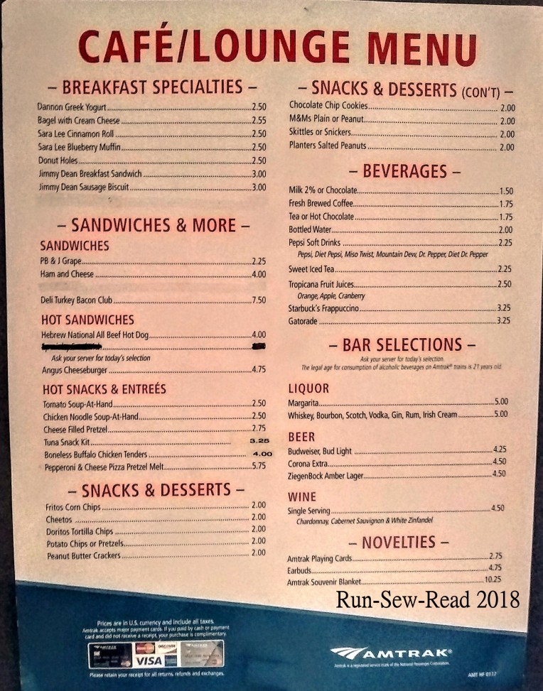 Amtrak cafe car menu