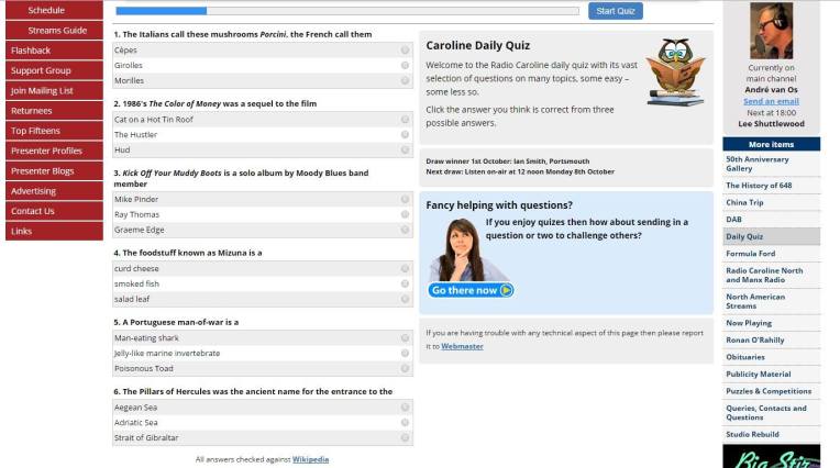 Radio Caroline Daily Quiz example
